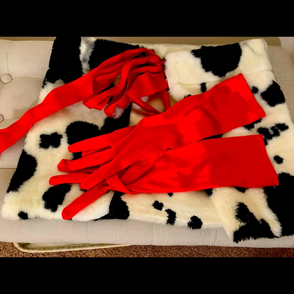 Adorable children’s Cruella DeVille Shrug Shawl Cape scarf with red satin gloves